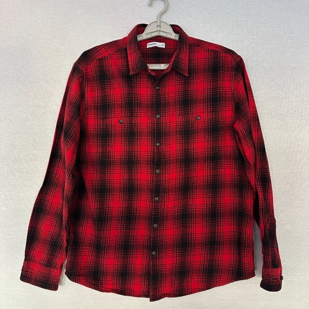 SONOMA MEN'S BUFFALO CHECK FLANNEL CASUAL BUTTON-UP SHIRT RED/BLACK SIZE XL